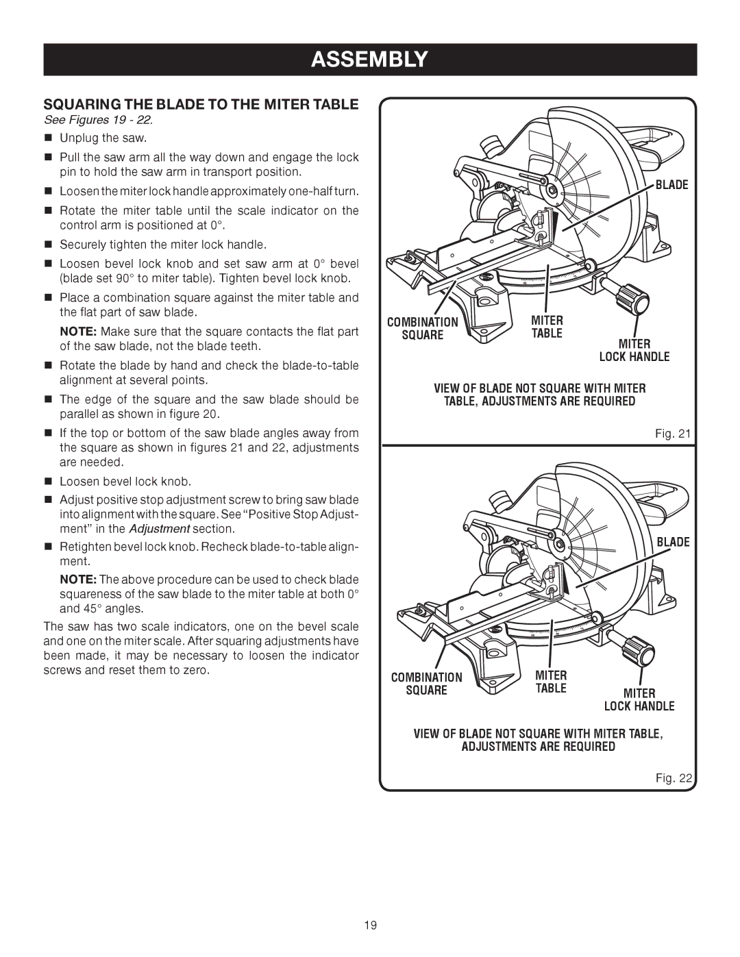 Ryobi TS1344L manual Squaring the Blade to THE MITER Table, See Figures 19, Blade Combinationmiter, Square Table Miter 